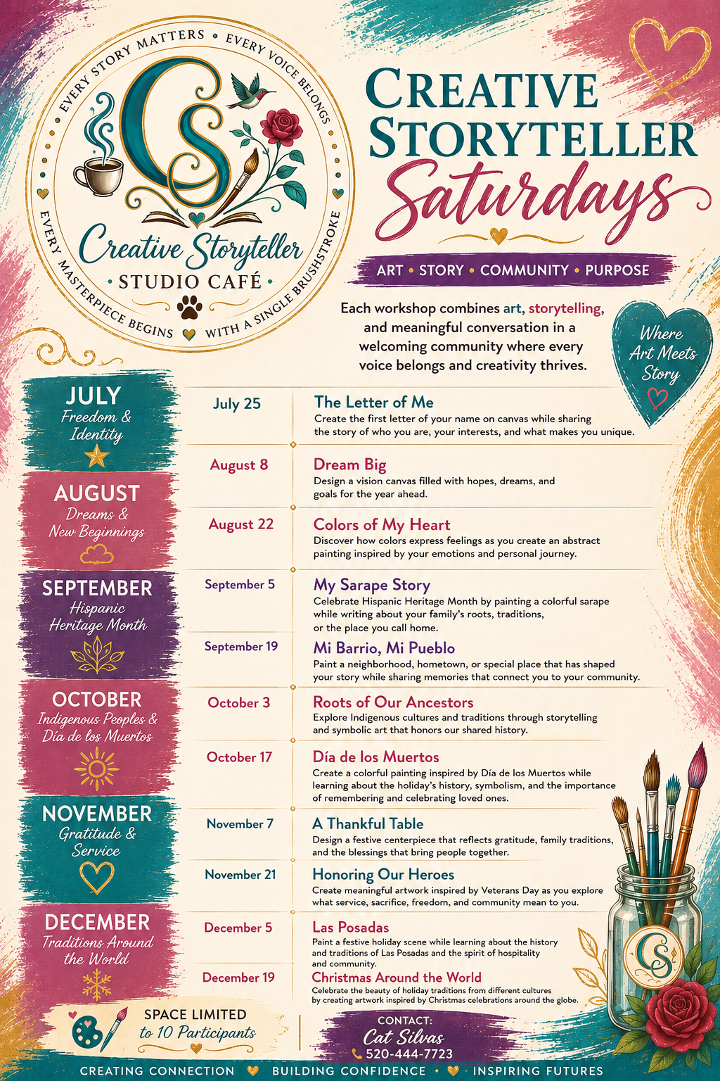 Creative Storyteller Saturdays workshop schedule, including Día de los Muertos on October 17