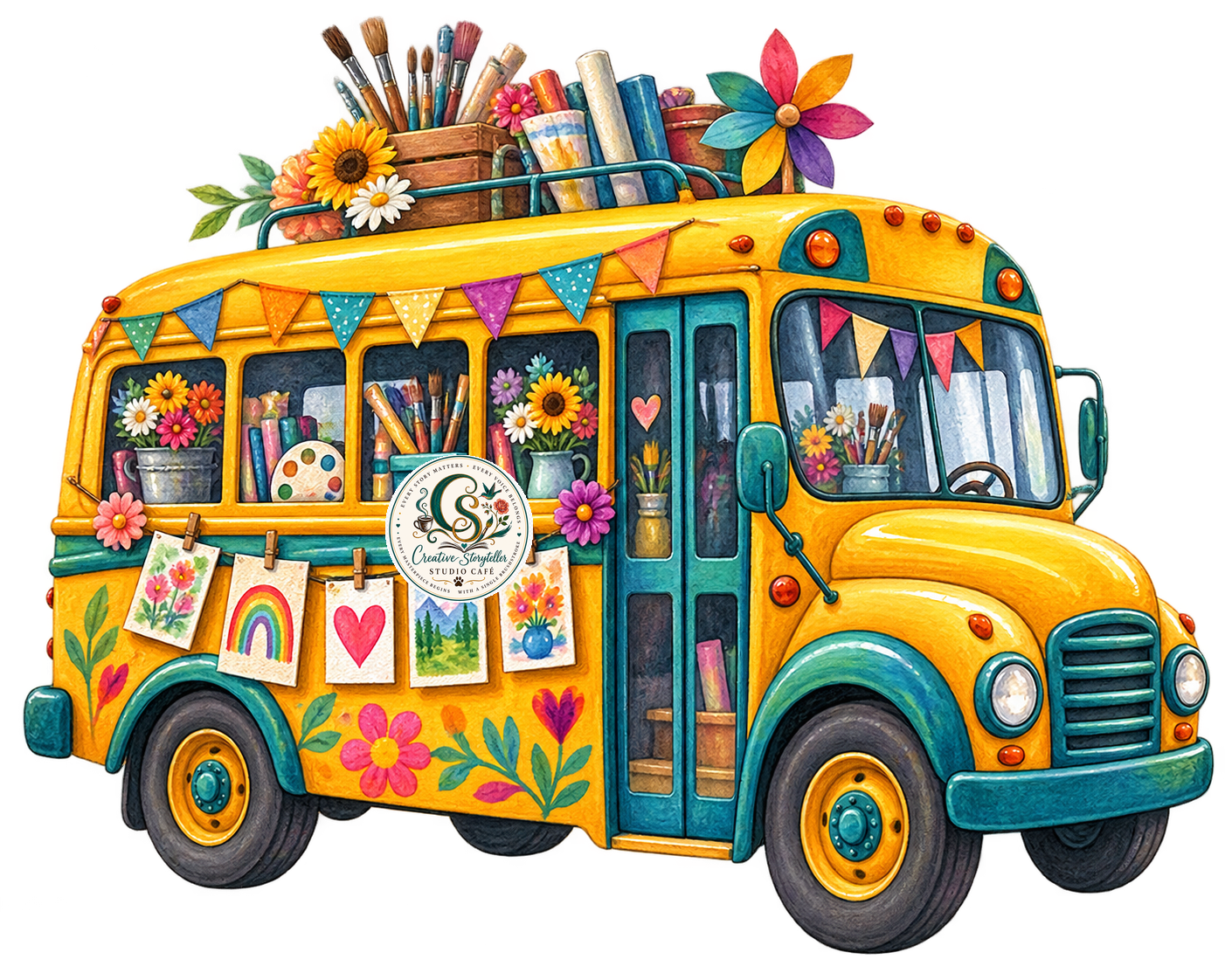 Colorful CSSC mobile art school bus with the Creative Storyteller Studio Café logo and children’s paintings hanging along its side