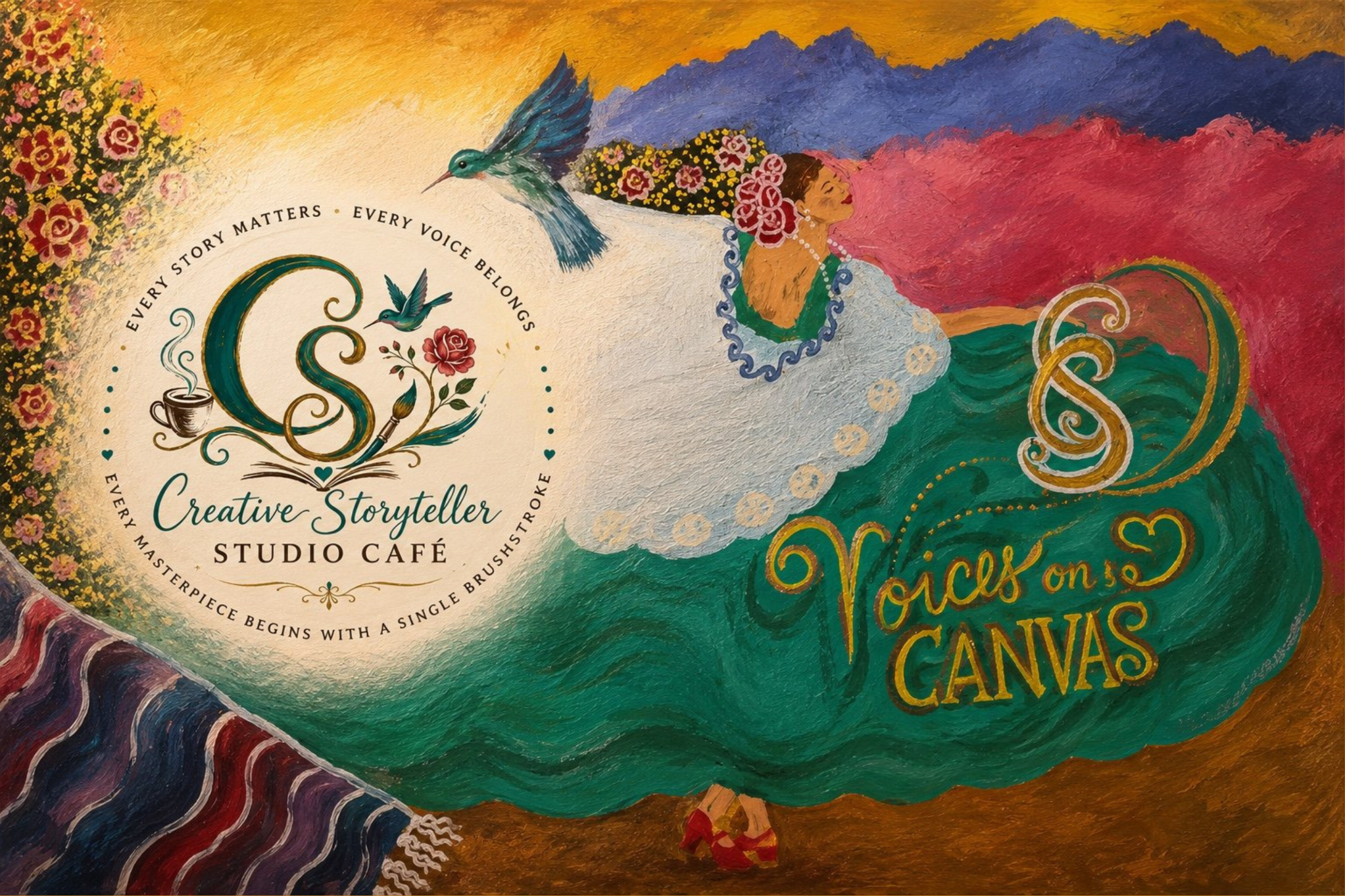 A warm Tucson creative studio with a storybook and painted canvas